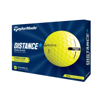 12 Stk. TaylorMade 2021 Distance+ Golfbälle, in gelber Farbe, mit weichem Schlaggefühl und hohem Ballstart - ideal für Einsteiger und Spieler, die nach mehr Länge suchen