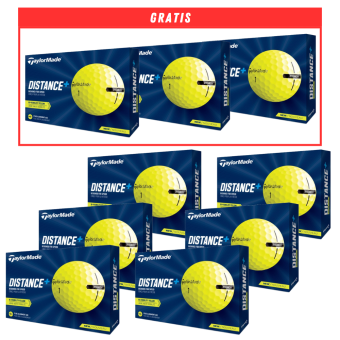 6+3 Dutzend TaylorMade Distance+ Golfbälle, in gelber Farbe, mit weichem Schlaggefühl und hohem Ballstart - ideal für Einsteiger und Spieler, die nach mehr Länge suchen