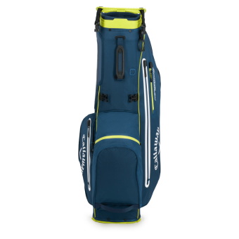 Callaway 2023 Fairway C HD Waterproof Standbag mit 4-Fach Divider, in dunkelblauer Farbe mit gelben und weißen Details, 1.9 kg leicht, inkl. wasserdichter Schutzhülle zum Aufknöpfen