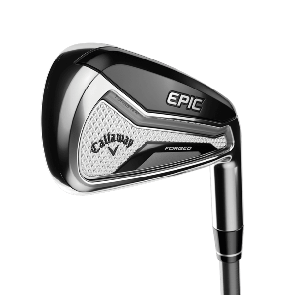 Callaway Epic Forged Eisensatz für Herren, Linkshand, Eisen #5-PW/AW/GW/SW (9 Schläger), mit Aerotech SteelFiber FC80 Graphitschaft in Std. Länge, Regular (85.0g), mit Golf Pride for Callaway Tour Velvet ALIGN CHEV, black-grey Std. Griffen in Std. Stärke