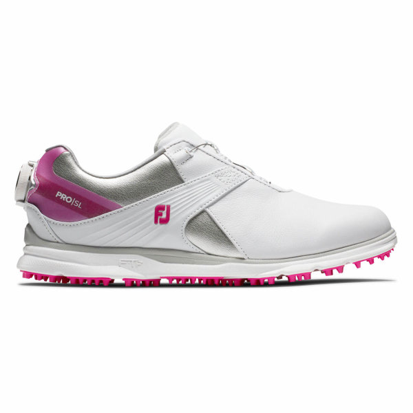 FootJoy Pro/SL BOA, wasserdichte Golfschuhe ohne Spikes, f&uuml;r Damen, wei&szlig;-silber-pink