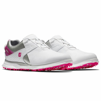 FootJoy Pro/SL BOA, wasserdichte Golfschuhe ohne Spikes, für Damen, weiß-silber-pink
