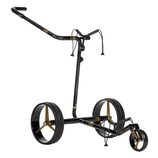 JuCad Carbon Travel Special 2.0 Elektrotrolley in schwarzer Farbe mit goldenen Details