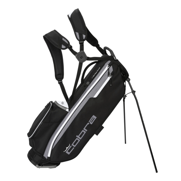 COBRA Ultralight Pro Standbag in schwarz-weiß-grau, 8.5 Inch Top, 4-Fach Divider mit durchgehender Fächertrennung, 1.800g leicht, 7 Taschen, darunter u.a. Wertsachenfach mit Veloursfutter und Magnetverschluss, inkl. Schutzhülle zum Aufknöpfen