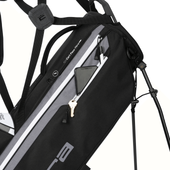 COBRA Ultralight Pro Standbag in schwarz-weiß-grau, 8.5 Inch Top, 4-Fach Divider mit durchgehender Fächertrennung, 1.800g leicht, 7 Taschen, darunter u.a. Wertsachenfach mit Veloursfutter und Magnetverschluss, inkl. Schutzhülle zum Aufknöpfen