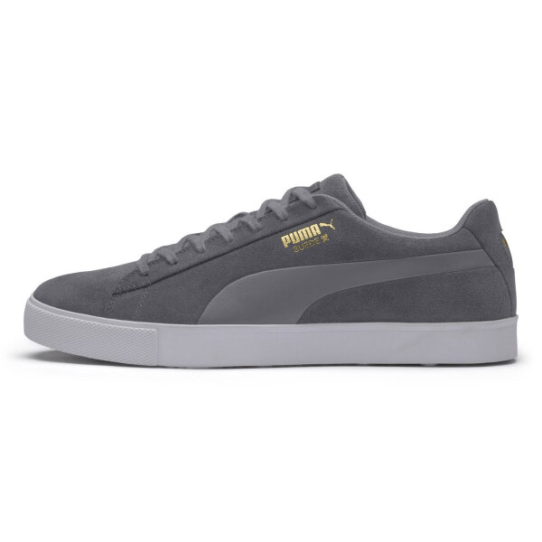 PUMA Suede G Golfschuhe für Herren, grau - ohne Spikes, graues Wildleder mit weißer Gummisohle, schmale Passform