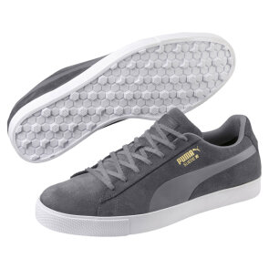 PUMA Suede G Golfschuhe für Herren, grau - ohne Spikes, graues Wildleder mit weißer Gummisohle, schmale Passform