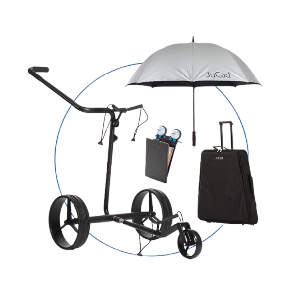JuCad Carbon drive Classic 3.0 Elektrotrolly in mattem schwarz, mit 45 Loch Akku, inkl. Magnetsteckverbindung zum Powerpack, Griffschutz, Golfschirm mit UV-Schutz, Scorekartenhalter (schwarz) und Transporttragetasche