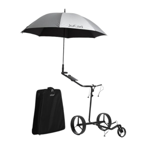 JuCad Carbon drive Classic 3.0 Elektrotrolly in mattem schwarz, mit 45 Loch Akku, inkl. Magnetsteckverbindung zum Powerpack, Griffschutz, Golfschirm mit UV-Schutz, Scorekartenhalter (schwarz) und Transporttragetasche