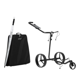 JuCad Carbon drive Classic 3.0 Elektrotrolly in mattem schwarz, mit 45 Loch Akku, inkl. Magnetsteckverbindung zum Powerpack, Griffschutz, Golfschirm mit UV-Schutz, Scorekartenhalter (schwarz) und Transporttragetasche