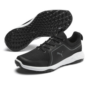 PUMA Grip Fusion Sport 2.0 Golfschuhe für Herren, schwarz - ohne Spikes, schwarzes Mesh-Obermaterial mit weißer Gummisohle, schmale Passform