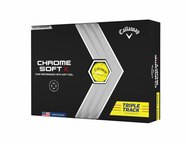 12 Stk. Callaway 2022 Chrome Soft X Triple Track Golfbälle, gelb, mit innovativer Ausrichtungshilfe, konstantem Spin und hoher Ballgeschwindigkeit
