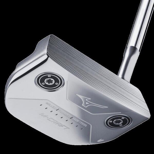 mizuno Golf 2021 M.CRAFT V White Satin Putter für Rechtshänder:Innen, 34 Inch, Nippon Original Stahlschaft, mit Lamkin Deep Etched Full Blue Cord Griff in Std. Griffstärke, inkl. Headcover & Set mit zusätzl. Gewichten