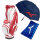 mizuno Golf Players Package, bestehend aus Tour Cartbag in rot-weißer Farbe, RB Tour Towel in blau-türkis-weißer Farbe und Regenschirm in marineblau-roter Farbe