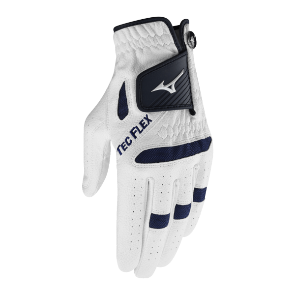 mizuno Golf TEC FLEX Allwetter Golfhandschuh für Herren, Rechtshand (getragen an der linken Hand), weiß-dunkelblau, Größe M (Medium)