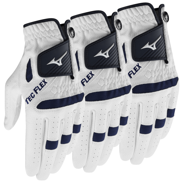 3 Stk. - mizuno Golf TEC FLEX Allwetter Golfhandschuhe für Herren, syntetisches Material, weiß-dunkelblau