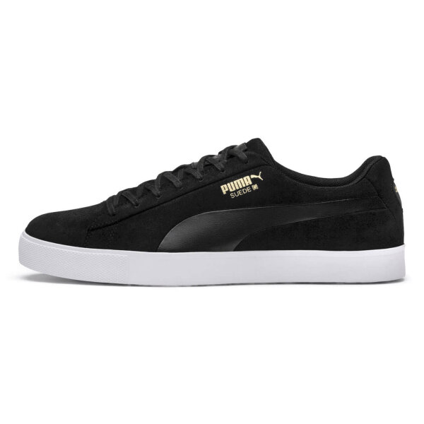 PUMA Suede G Golfschuhe für Herren, schwarz - ohne Spikes, schwarzes Wildleder mit weißer Gummisohle, schmale Passform