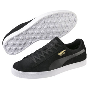 PUMA Suede G Golfschuhe für Herren, schwarz - ohne Spikes, schwarzes Wildleder mit weißer Gummisohle, schmale Passform
