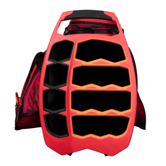 OGIO 2022 ALL ELEMENTS Nebula Water Resistant Hybrid Standbag, 8-Fach Divider mit durchgehender Fächertrennung, in kosmischer Optik mit roten und pfirsichfarbenen Akzenten, 2.580g leicht, 9 Taschen, darunter u.a. Wertsachenfach mit Veloursfutter
